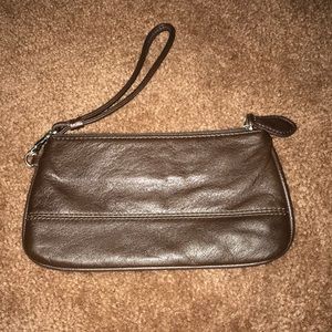 Genuine leather wristlet in black and brown